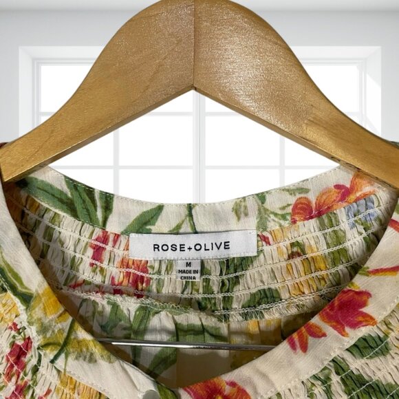 Rose + Olive Floral Blouse Top Cottagecore Yellow Red Green Tie Sleeves Size M - Picture 8 of 12